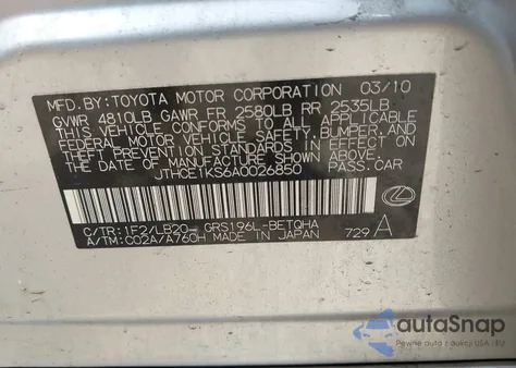 2010 Lexus Gs 350 from USA, damaged, VIN JTHCE1KS6A0026850